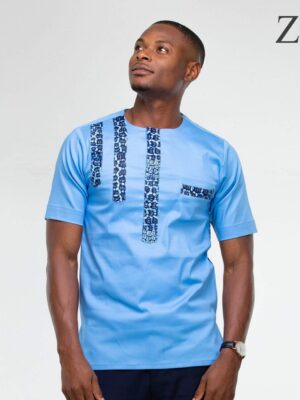 Sky Blue Mens African Print Cotton Easy-wear Ankara Shirt By Zedi