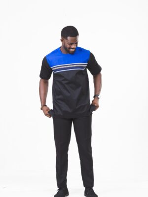 Royal Blue And Black Men's Cotton Easy-wear African Smock Shirt By Zedi