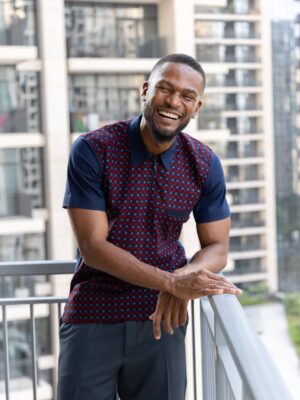 Navy Blue Men's African Abstract Print Cotton Zip-up Ankara African Print Shirt By Zedi
