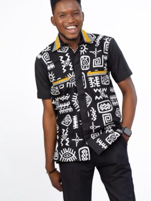 Black And White Tribal Men's African Print Cotton Ankara Shirt By Zedi