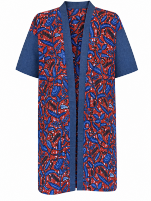 Red Floral African Print and Denim Kimono Jacket