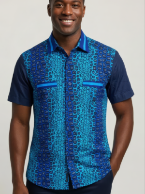 Turquoise and Navy Fugu Print Shirt